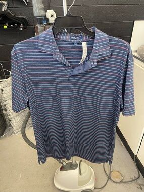 Peter Millar Navy Polo with Pink and White Stripes